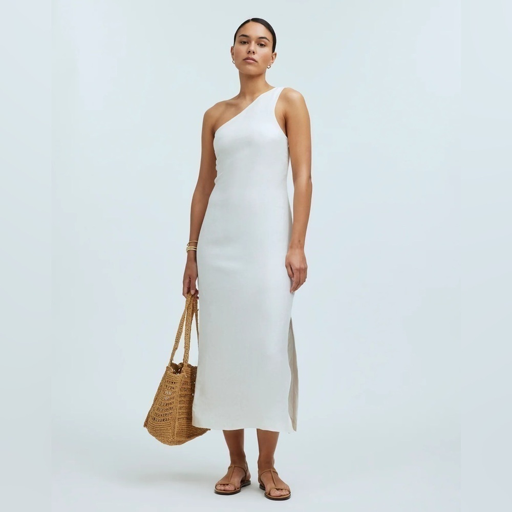 Madewell One-Shoulder Midi Dress Linen Blend White Size 2/S NWT